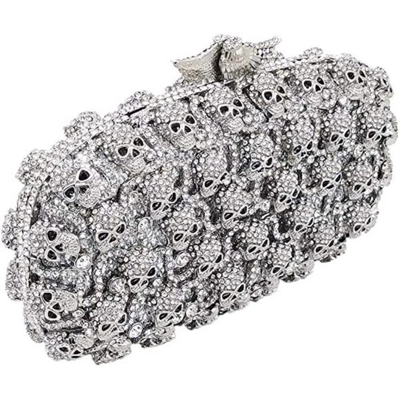 NEW Sparkling Bling Crystal Rhinestone Skull Clutch Purse Silver Gold +F… - Picture 11 of 11